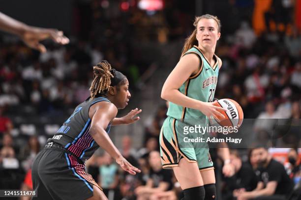 Marine Johannès of the New York Liberty handles the ball during the game against the Atlanta Dream on June 24, 2022 at Gateway Center Arena in...