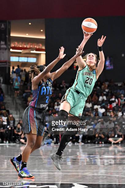 Sabrina Ionescu of the New York Liberty shoots the ball during the game against the Atlanta Dream on June 24, 2022 at Gateway Center Arena in College...