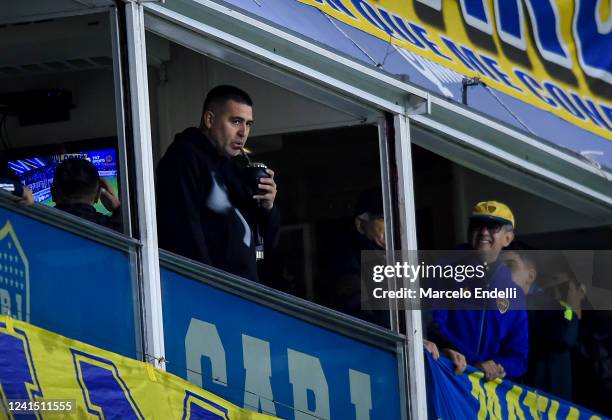 Former Boca Juniors player Roman Riquelme looks on during a match between Boca Juniors and Union as part of Liga Profesional 2022 at Estadio Alberto...