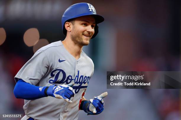 Trea Turner of the Los Angeles Dodgers rounds third after hitting a home run during the fifth inning against the Atlanta Braves at Truist Park on...