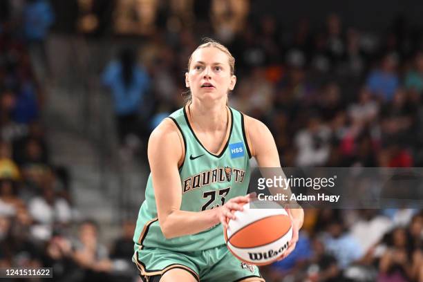 Marine Johannès of the New York Liberty shoots the ball during the game against the Atlanta Dream on June 24, 2022 at Gateway Center Arena in College...
