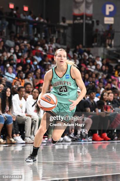 Marine Johannès of the New York Liberty drives to the basket during the game against the Atlanta Dream on June 24, 2022 at Gateway Center Arena in...