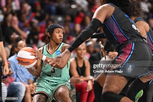 Crystal Dangerfield of the New York Liberty handles the ball during the game against the Atlanta Dream on June 24, 2022 at Gateway Center Arena in...