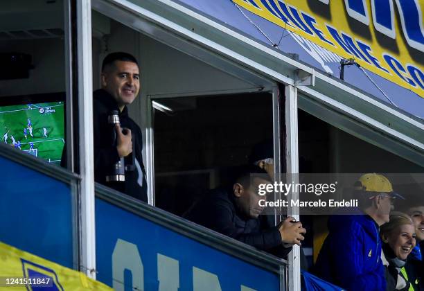 Former Boca Juniors player Roman Riquelme looks on during a match between Boca Juniors and Union as part of Liga Profesional 2022 at Estadio Alberto...