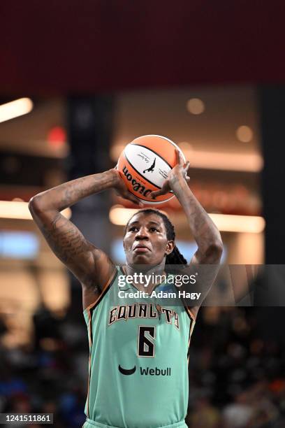 Natasha Howard of the New York Liberty shoots a free throw during the game against the Atlanta Dream on June 24, 2022 at Gateway Center Arena in...