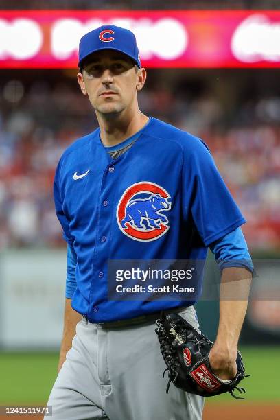 Starter Kyle Hendricks of the Chicago Cubs walks to the dugout after pitching the in the fourth inning against the St. Louis Cardinals at Busch...