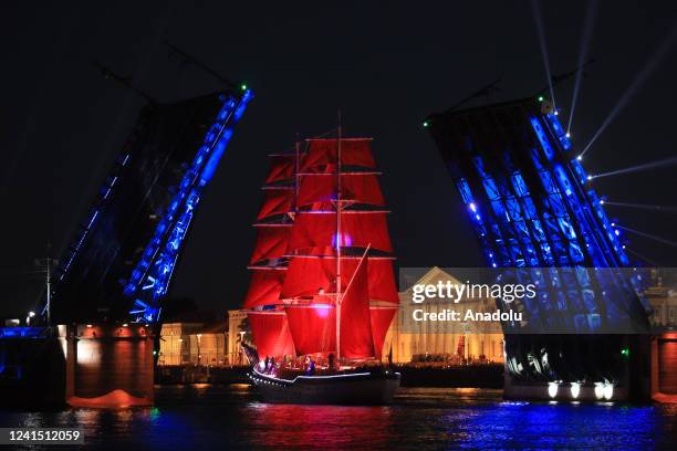 An old-fashioned tall ship sails on the Neva River in St. Petersburg during "Scarlet sails" festival, June 25, 2022. "Scarlet Sails" held in St....