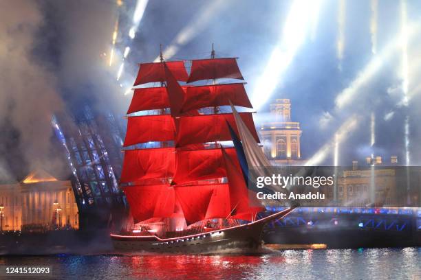 An old-fashioned tall ship sails on the Neva River in St. Petersburg during "Scarlet sails" festival, June 25, 2022. "Scarlet Sails" held in St....