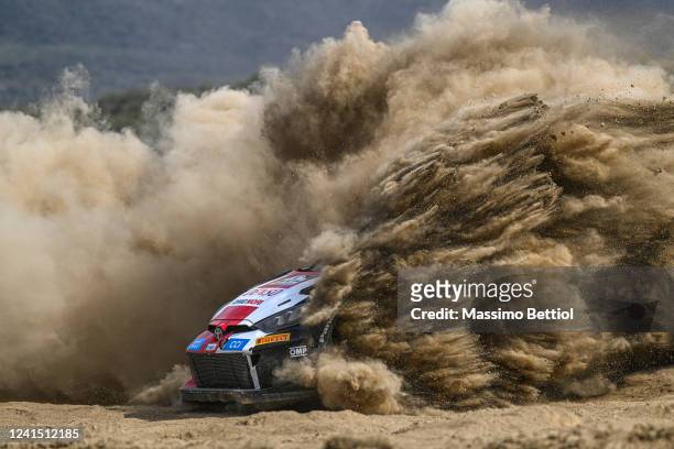Elfyn Evans of Great Britain and Scott Martin of Great Britain compete with their Toyota Gazoo Racing WRT Toyota GR Yaris Rally1 during Day Three of...