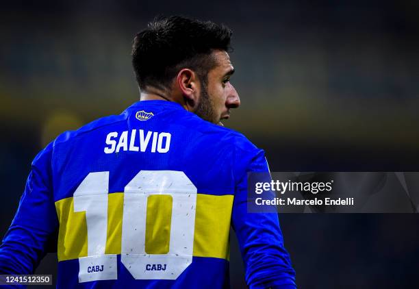 Eduardo Salvio of Boca Juniors looks on during a match between Boca Juniors and Union as part of Liga Profesional 2022 at Estadio Alberto J. Armando...