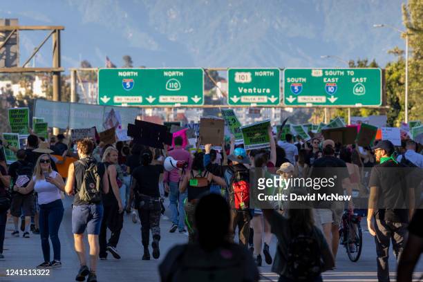 Protesters march northbound on the 110 Freeway to denounce the Supreme Court's decision in the Dobbs v Jackson Women's Health case on June 24, 2022...