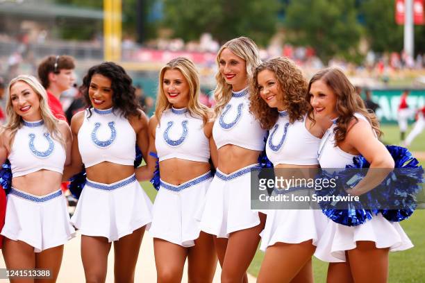 The Indianapolis Colts Cheerleaders pose for a picture prior to a MiLB game between the Memphis Redbirds and the Indianapolis Indians on June 24,...