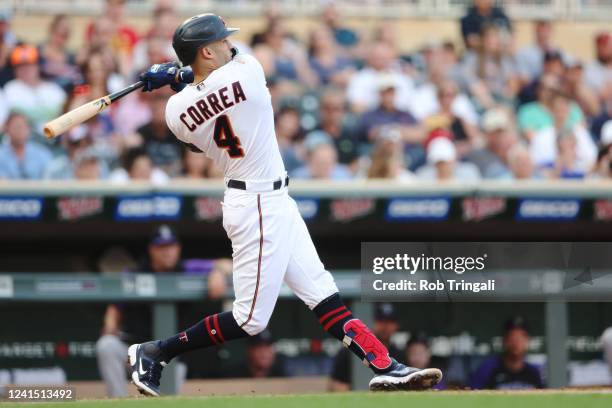 Carlos Correa of the Minnesota Twins bats during the game between the Colorado Rockies and the Minnesota Twins at Target Field on Friday, June 24,...