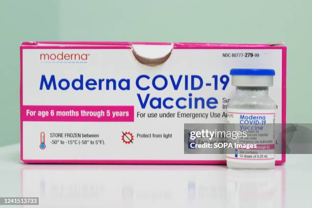 Box and a vial of the two-dose Moderna Covid-19 vaccine for children between 6 months to 5 years is seen at Nona Pediatric Center in Orlando. On June...