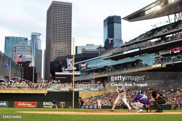 General view as Luis Arraez of the Minnesota Twins bats during the game between the Colorado Rockies and the Minnesota Twins at Target Field on...