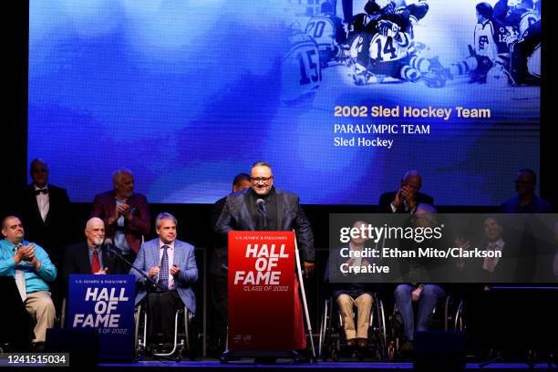 Members of the 2002 United States Sled Hockey Team speak during the 2022 U.S. Olympic & Paralympic Committee Hall Of Fame Ceremony on June 24, 2022...