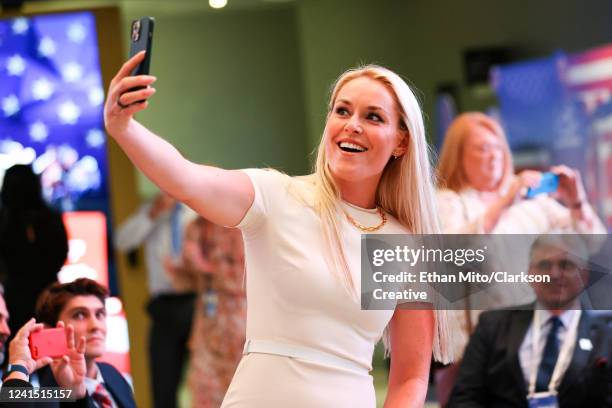 Lindsey Vonn takes a selfie with other Hall of Fame members during the 2022 U.S. Olympic & Paralympic Committee Hall Of Fame Ceremony on June 24,...