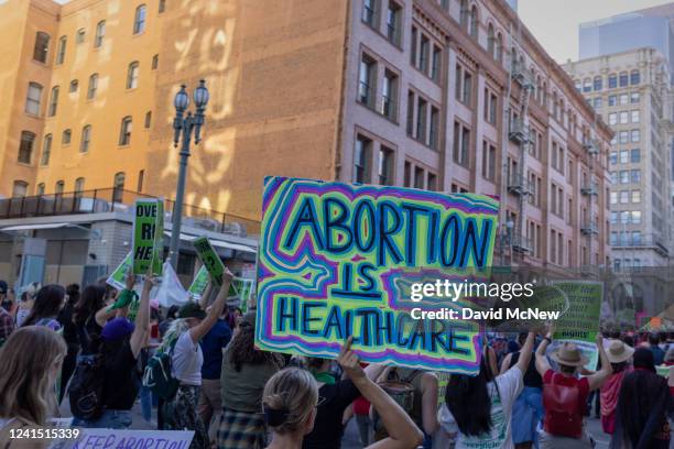 Protesters gather in reaction to the announcement to the Dobbs v Jackson Women's Health Organization ruling on June 24, 2022 in Los Angeles,...