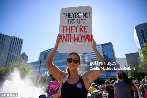 People gather to protest the Supreme Court's decision to overturn Roe v. Wade on June 24, 2022 in Portland, Oregon. The Court's decision in the Dobbs...