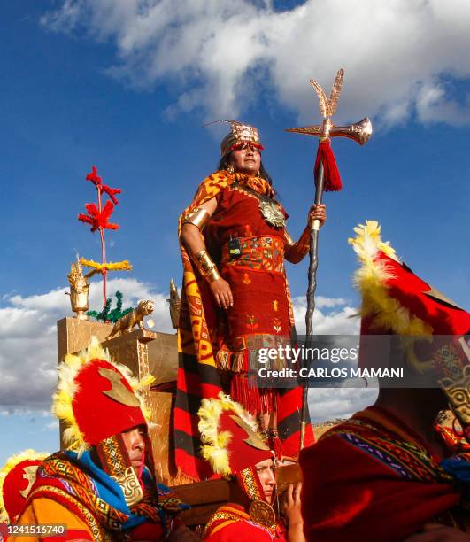Artists perform during the Inti Raymi Festival in the ruins of Sacsayhuaman fortress, overlooking the Andean city of Cusco on June 24, 2022. The Inti...