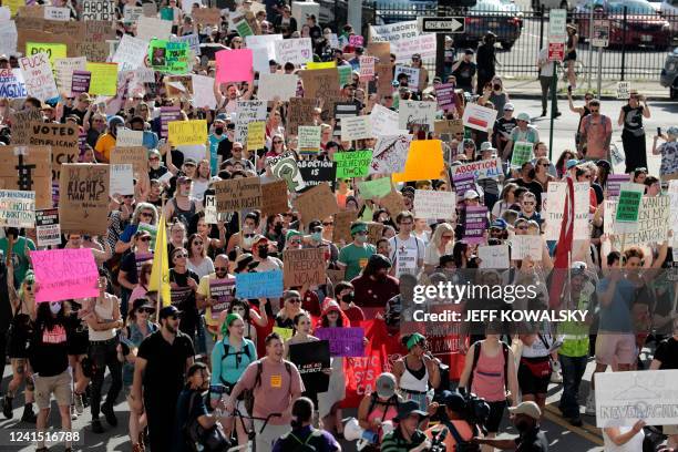 Abortion rights activists protest outside the US Federal Courthouse after the US Supreme Court overturned Roe Vs. Wade, in Detroit, Michigan on June...