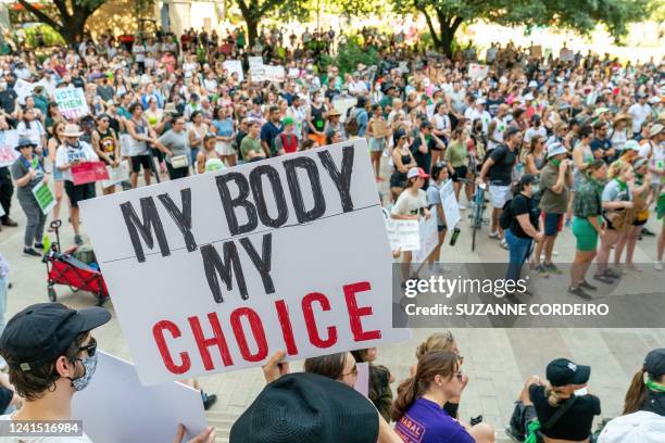 Aabortion rights activists hold a "My Body My Choice" sign as they protest at the Federal Courthouse Plaza, after the overturning of Roe Vs. Wade by...