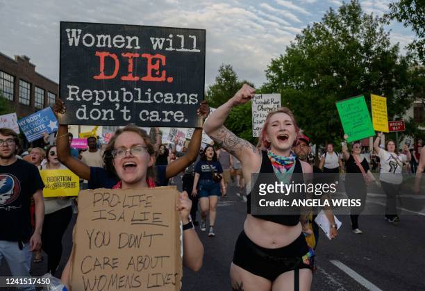 Abortion rights activists protest after the overturning of Roe Vs. Wade by the US Supreme Court, in St. Louis, Missouri on June 24, 2022. - The US...