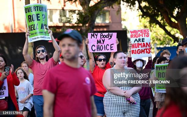 Abortion rights activists protest after the overturning of Roe Vs. Wade by the US Supreme Court, in Downtown Los Angeles, on June 24, 2022. - The US...