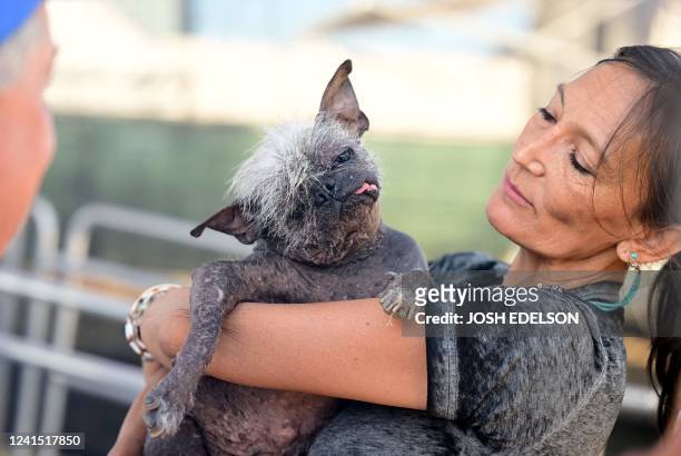 Jeneda Benally introduces her dog Mr. Happy Face to a judge during the World's Ugliest Dog Competition in Petaluma, California on June 24, 2022. -...