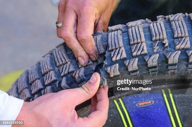 The hole in Nathan Ablates tyre after the meeting during the National Development League match between Belle Vue Colts and Berwick Bullets at the...