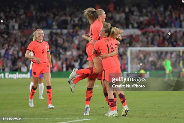 England's Ella Toone celebrates her goal and putting England into a 3-1 lead during the International Friendly match between England Women and...