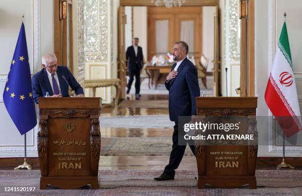 Iran's Foreign Minister Hossein Amir-Abdollahian attends a press conference with Josep Borrell, the High Representative of the European Union for...