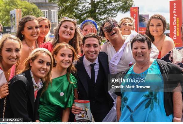 Kildare , Ireland - 25 June 2022; Former Love Island winner and Irish rugby 7's player Greg O'Shea with race goers at Dubai Duty Free Irish Derby...
