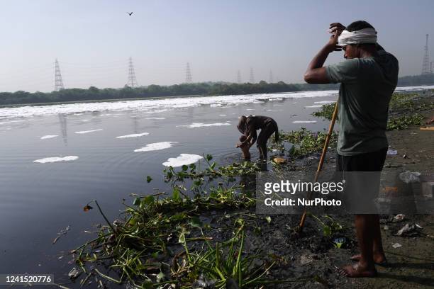 Man participates in a cleaning drive while a woman takes her child for a dip in the polluted waters of river Yamuna laden with toxic foam, in New...