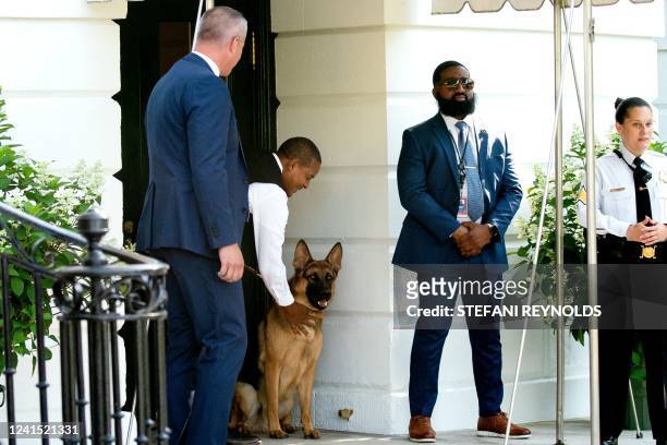 Commander, the dog of US President Joe Biden, watches as US President Joe Biden boards Marine One on the South Lawn of the White House in Washington,...