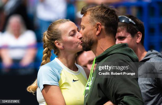 Petra Kvitova of the Czech Republic kisses coach and boyfriend Jiri Vanek after defeating Jelena Ostapenko of Latvia in the womens singles final on...