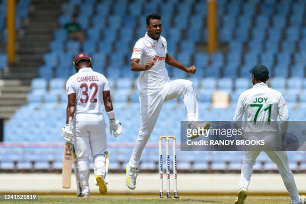 Shoriful Islam , of Bangladesh, celebrates the dismissal of John Campbell , of West Indies, during the second day of the 2nd Test between Bangladesh...