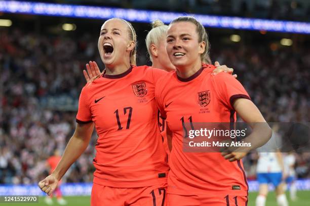 Beth Mead and Lauren Hemp of England celebrate during the Women's International friendly match between England and Netherlands at Elland Road on June...