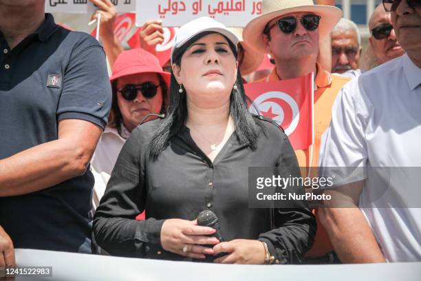 Abir Moussi , the president of the Free Destourian Party and figure of the opposition, attends a rally held outside the building of the embassy of...