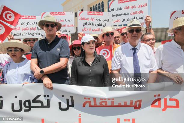 Abir Moussi , the president of the Free Destourian Party and figure of the opposition, attends a rally held outside the building of the embassy of...