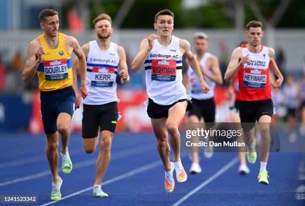 Jake Wightman of Edinburgh AC races for the line as he wins the Mens 1500m Final during the Muller UK Athletics Championships at Manchester Regional...