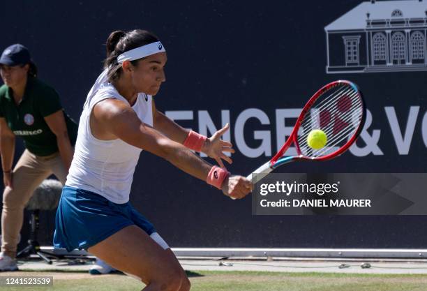 France's Caroline Garcia returns the ball to Canada's Bianca Andreescu during the 2022 WTA Bad Homburg Open tennis final match final on June 25, 2022...