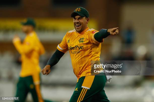 Steven Mullaney of Notts Outlaws celebrates his teams victory during the Vitality T20 Blast match between Durham County Cricket Club and...
