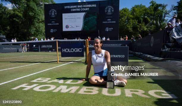 France's Caroline Garcia poses with the trophy after winning the 2022 WTA Bad Homburg Open tennis final match against Canada's Bianca Andreescu on...