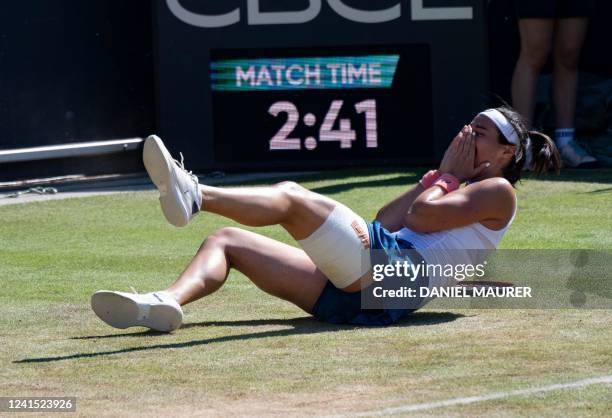 France's Caroline Garcia reacts during the 2022 WTA Bad Homburg Open tennis final match final against Canada's Bianca Andreescu on June 25, 2022 in...