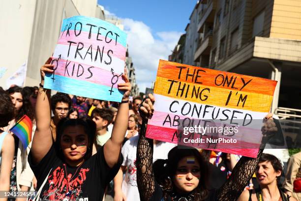 People attend the Marcha Do Orgulho LGBTI+ 2022 in Porto, Portugal on June 25, 2022.