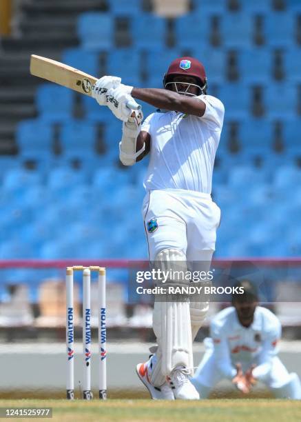 Kyle Mayers, of West Indies, hits 4 during the second day of the 2nd Test between Bangladesh and West Indies at Darren Sammy Cricket Ground in Gros...