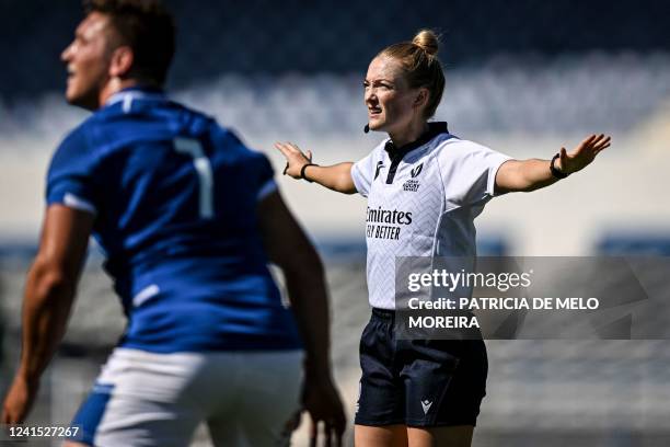 Scottish referee Hollie Davidson is pictured in action during the friendly match between Portugal and Italy at Restelo stadium in Lisbon on June 25,...