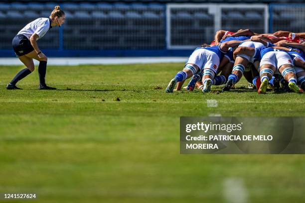 Scottish referee Hollie Davidson is pictured in action during the friendly match between Portugal and Italy at Restelo stadium in Lisbon on June 25,...