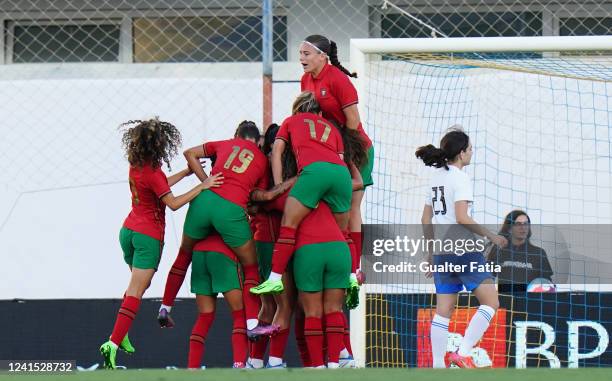 Carole Costa of Portugal celebrates with teammates after scoring a goal during the International Women´s Friendly match between Portugal and Greece...